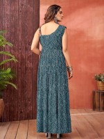 Stone Blue Blooming Faux Georgette Readymade Gown